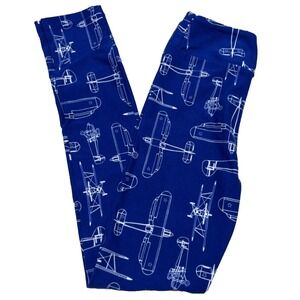 LuLaRoe Girls Leggings L/XL Royal Blue Airplanes Planes Kids Sizes 7-12 NWT
